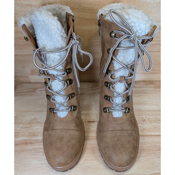 Nine West Women’s Tan Lace-Up Block Heel Boots Size 11M Faux Shearling Fold - Picture 6 of 10
